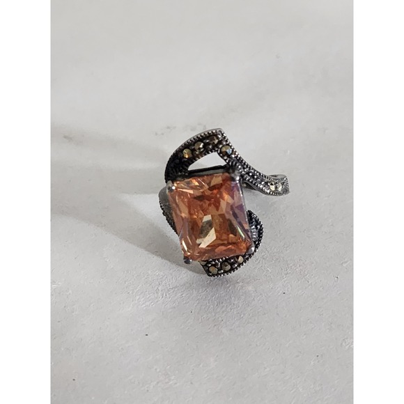 Jewelry - 925 Sterling Silver Peach Faceted Stone Marcasite Statement Ring Size 5.5 – 8g